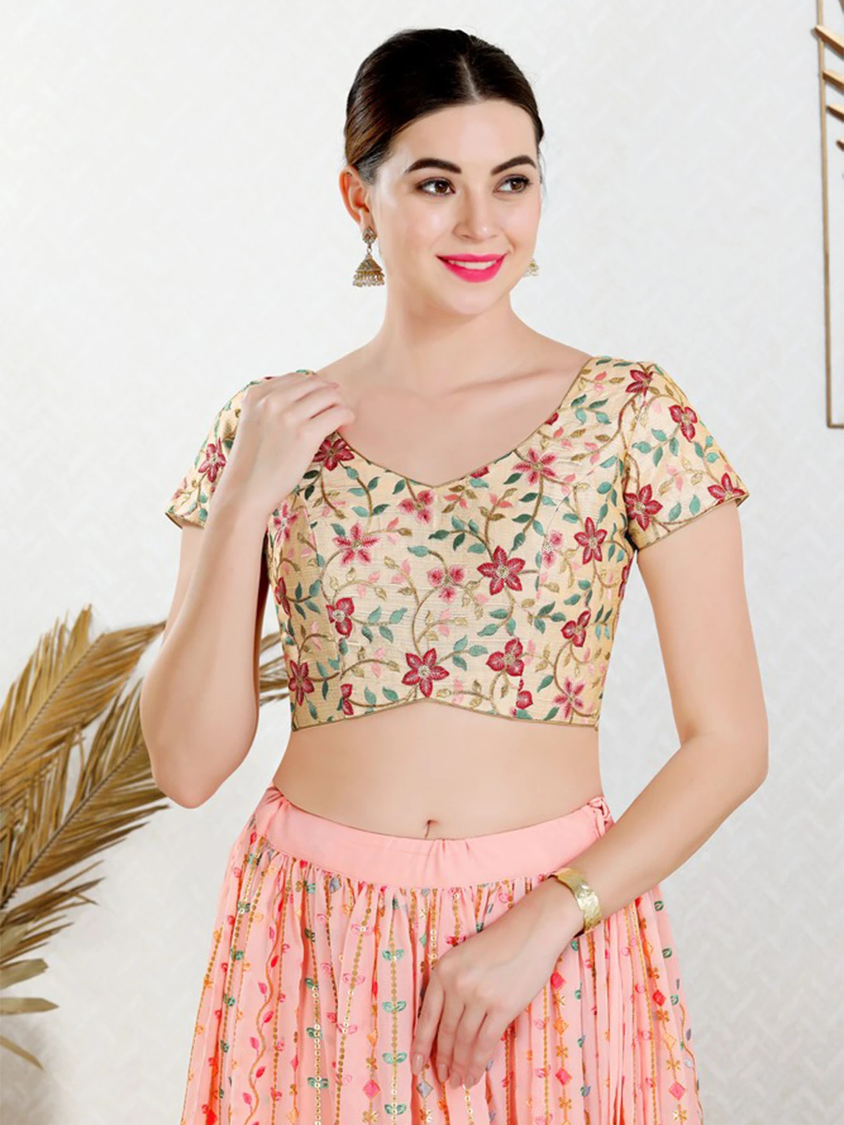 Art Silk Cream Ready Made Blouse