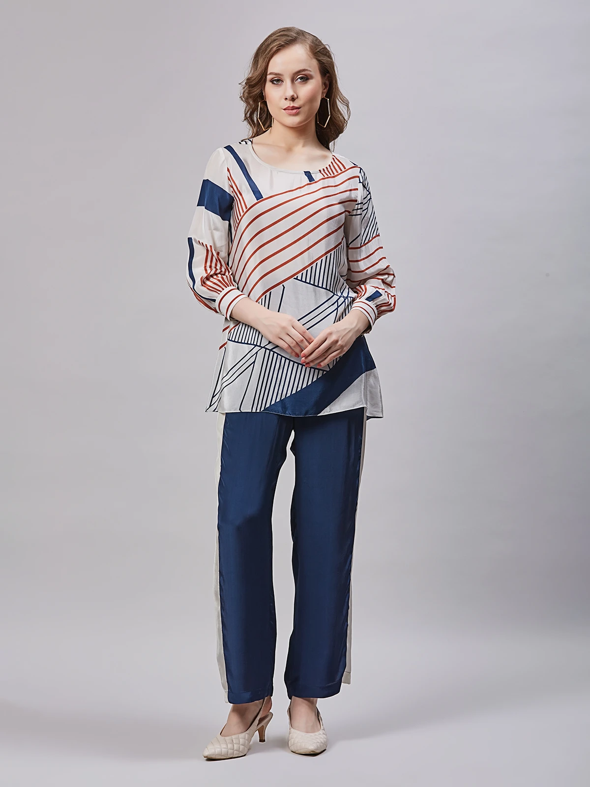 Beige And Blue Printed Silk Co Ord Set 2 Beige And Blue Printed Silk Co Ord Set - Image 2