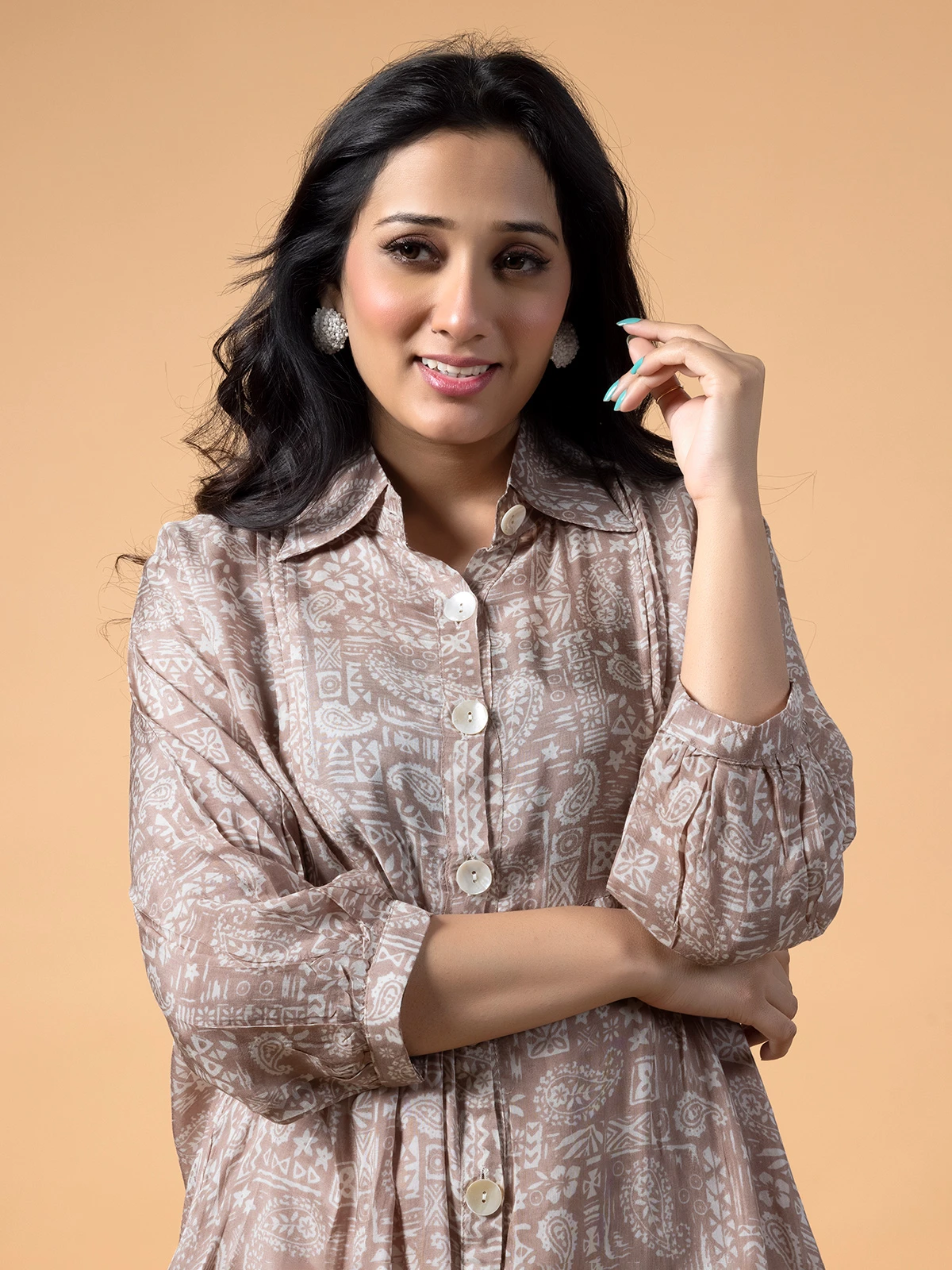 Beige Printed Crepe Co Ord Set 2 Beige Printed Crepe Co Ord Set - Image 2