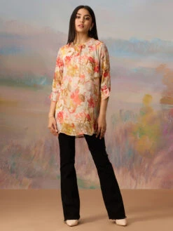 Beige Silk Printed Tunic Top