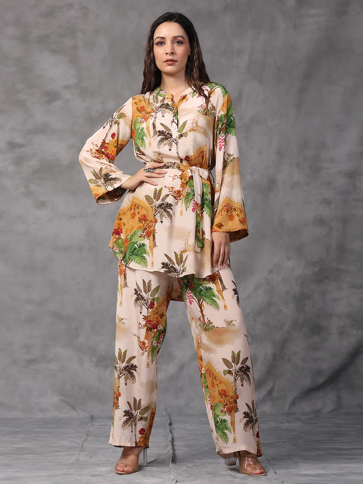 Beige Viscose Crepe Printed Co Ord Set 4 Beige Viscose Crepe Printed Co Ord Set - Image 4