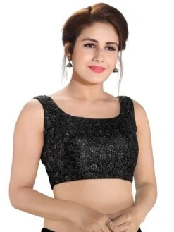 Black Readymade Blouse In Raw Silk With Sequin Work