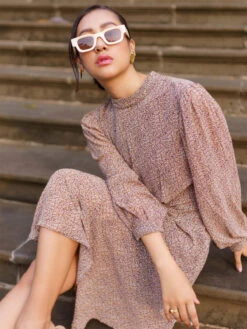 Brown Printed Casual Georgette Dress