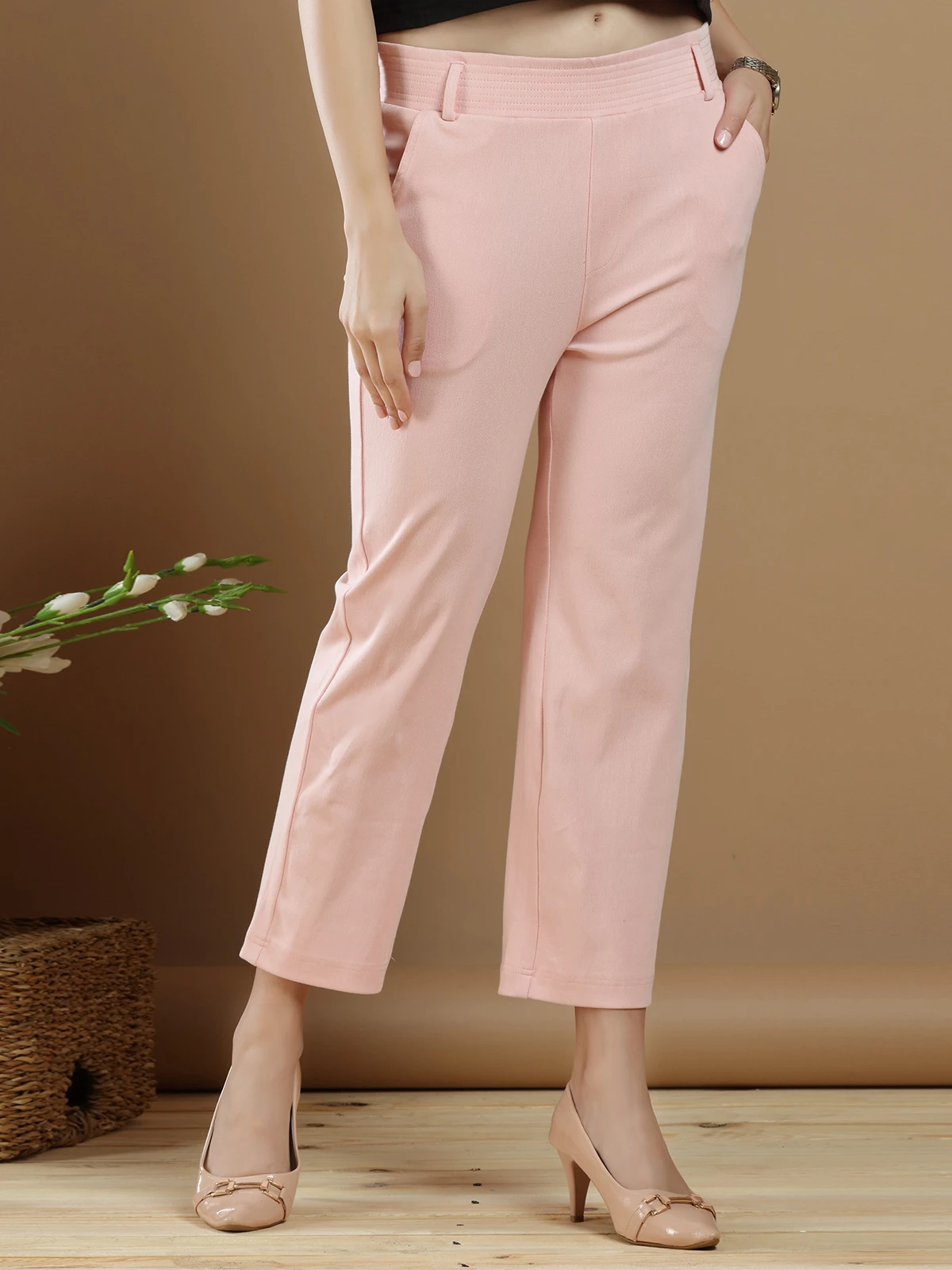 Casual Wear Baby Pink Cotton Plain Pant