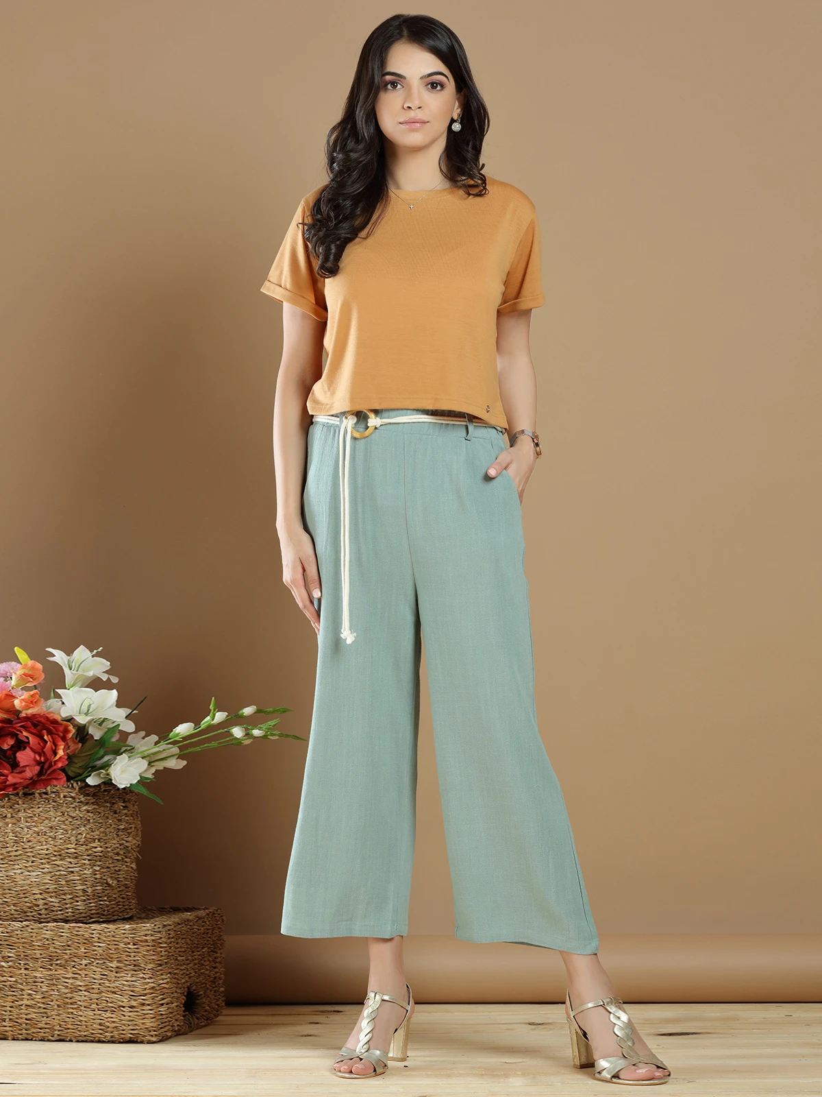 Casual Wear Pistachio Green Linen Palazzo Pant - Image 2