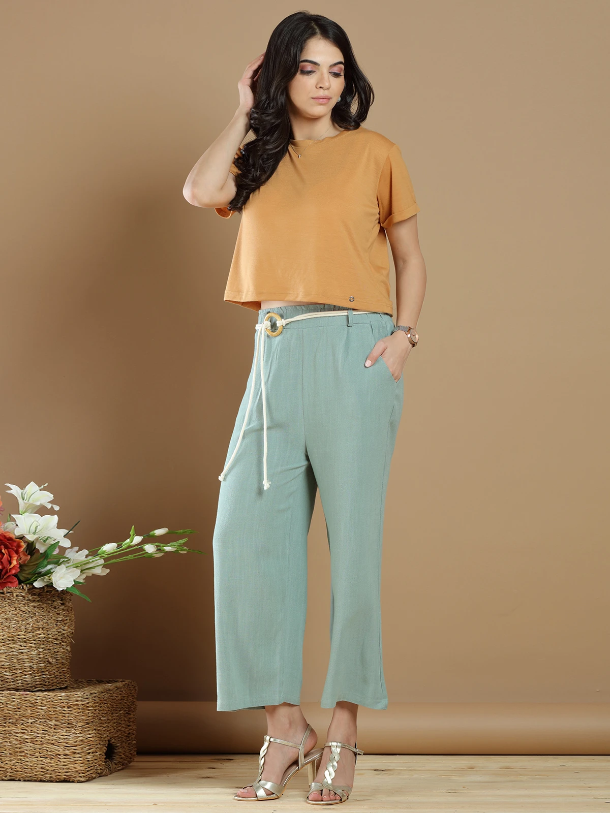Casual Wear Pistachio Green Linen Palazzo Pant - Image 4