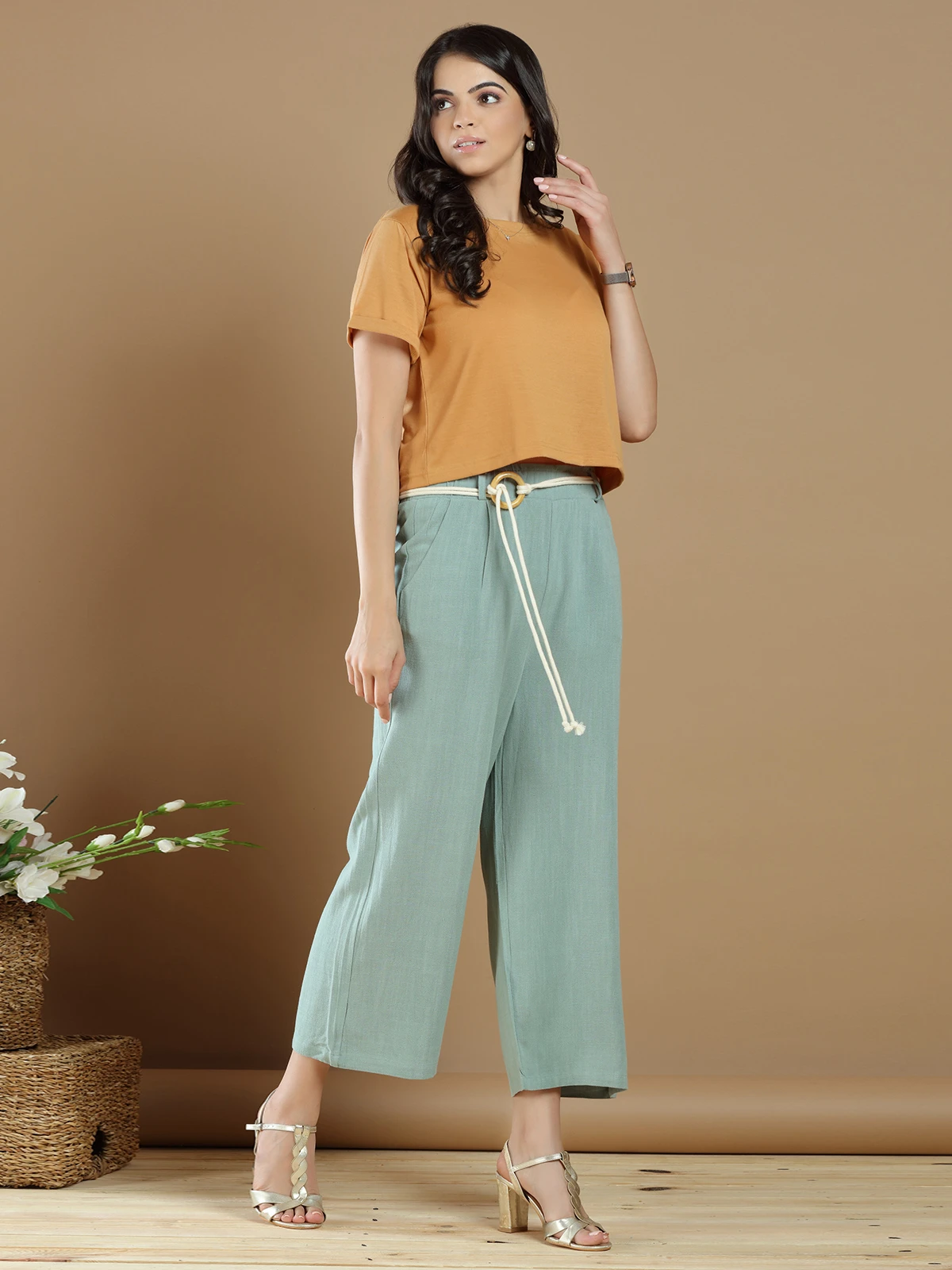 Casual Wear Pistachio Green Linen Palazzo Pant - Image 3