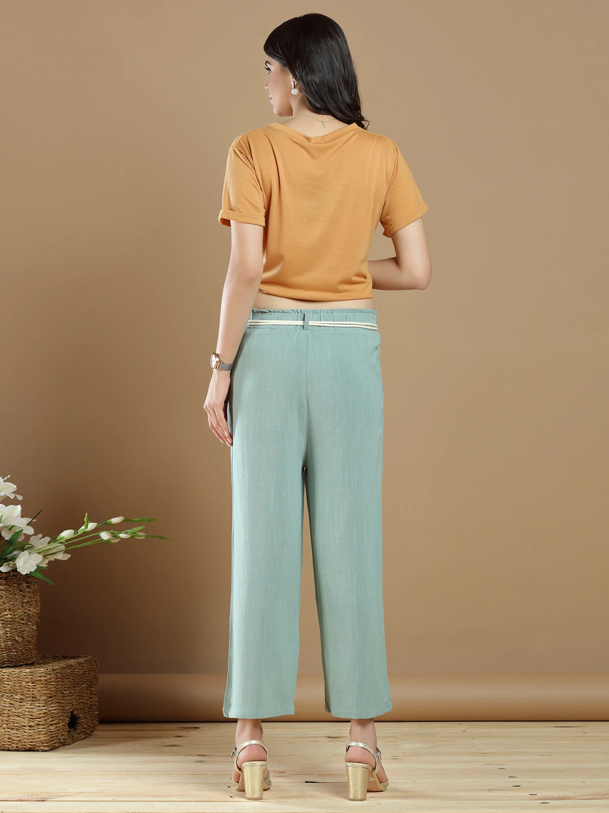 Casual Wear Pistachio Green Linen Palazzo Pant - Image 5
