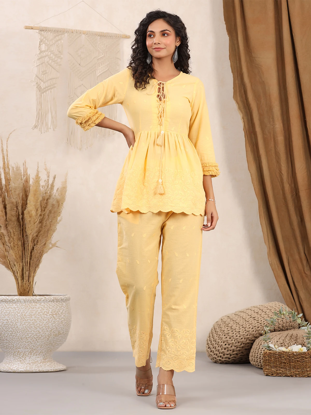 Casual Wear Yellow Plain Cotton Co Ord Set 2 Casual Wear Yellow Plain Cotton Co Ord Set - Image 2