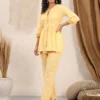 Casual Wear Yellow Plain Cotton Co Ord Set