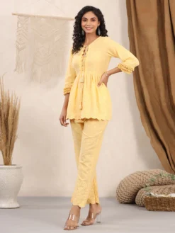 Casual Wear Yellow Plain Cotton Co Ord Set