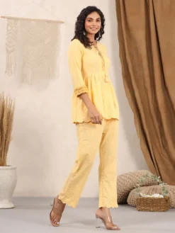 Casual Wear Yellow Plain Cotton Co Ord Set 8 Casual Wear Yellow Plain Cotton Co Ord Set -Saree Luxe Shop casual wear yellow plain cotton pant set 1658405594as2411676 3