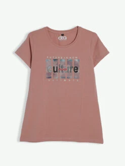 Cotton Dusty Peach Printed T Shirt