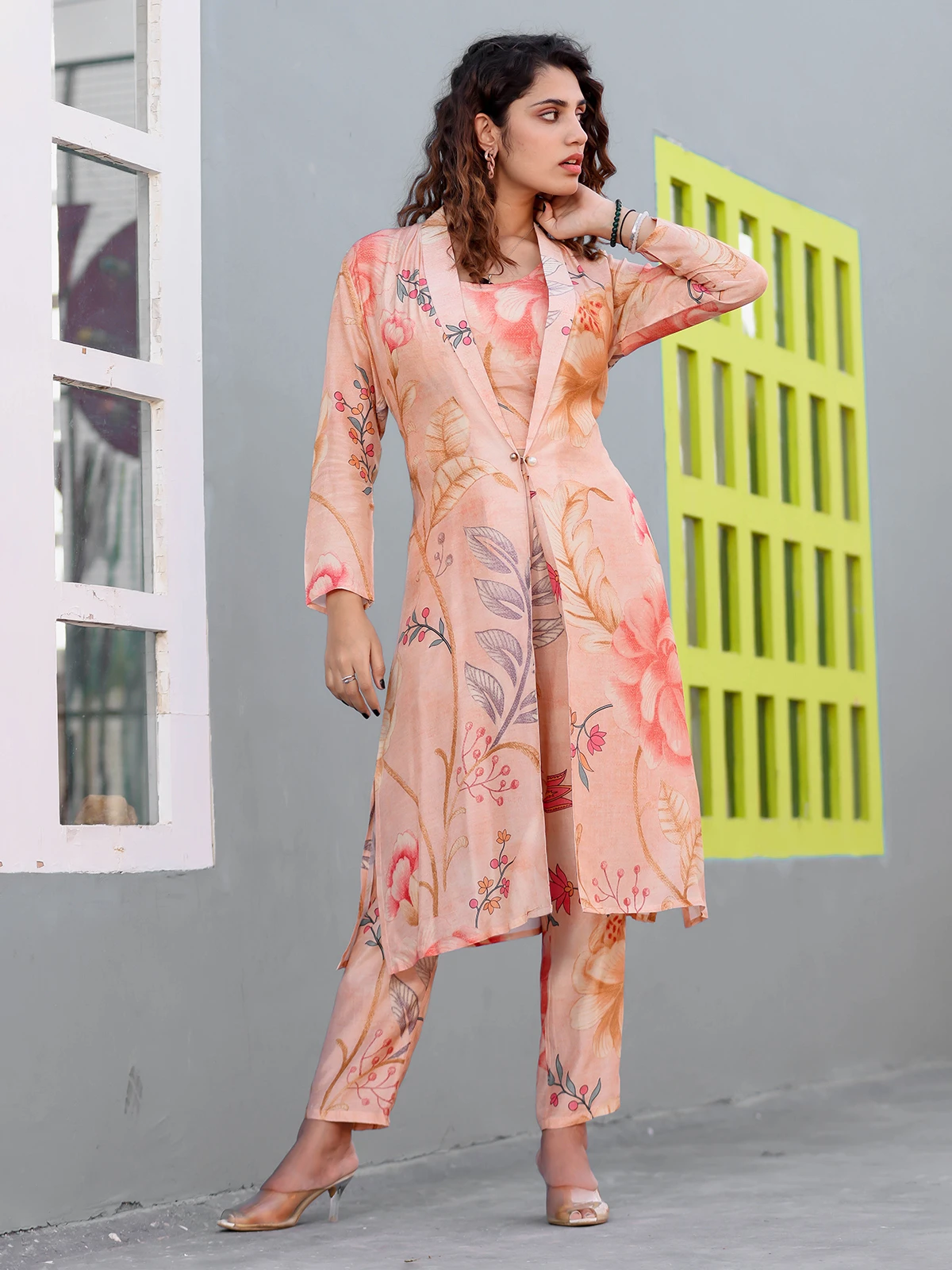 Cotton Jacket Style Co Ord Set In Peach