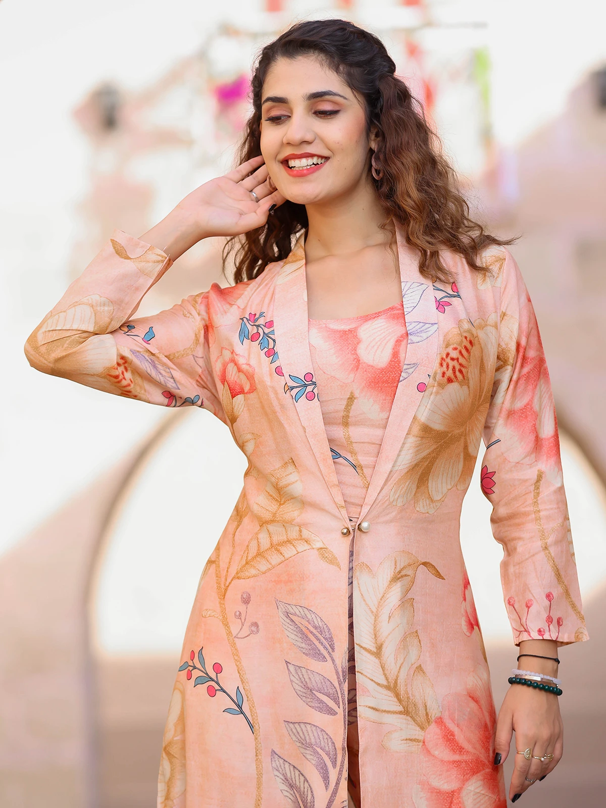 Cotton Jacket Style Co Ord Set In Peach - Image 2