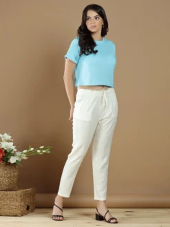 Cream Hued Linen Casual Wear Plain Pant -Saree Luxe Shop cream hued linen casual wear plain pant 165476042920313 white 2