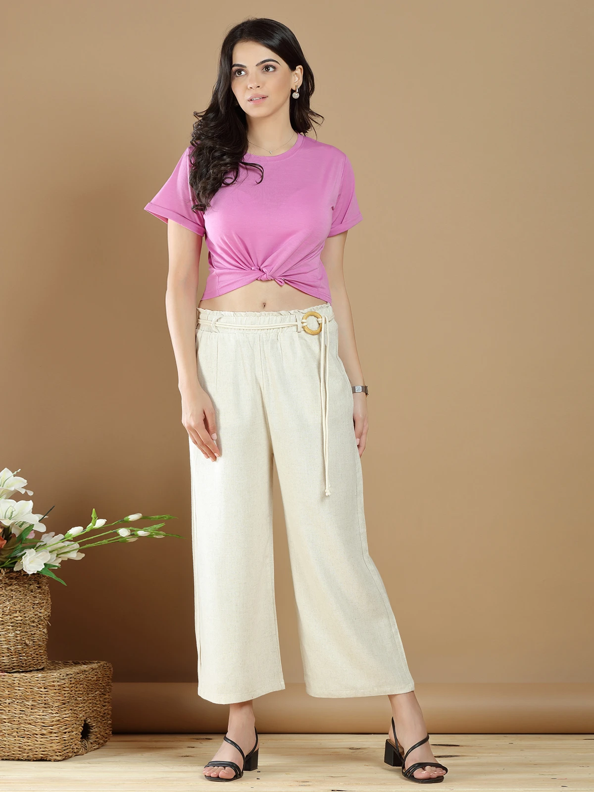 Cream Palazzo Pant In Linen For Casual Look 1 Cream Palazzo Pant In Linen For Casual Look