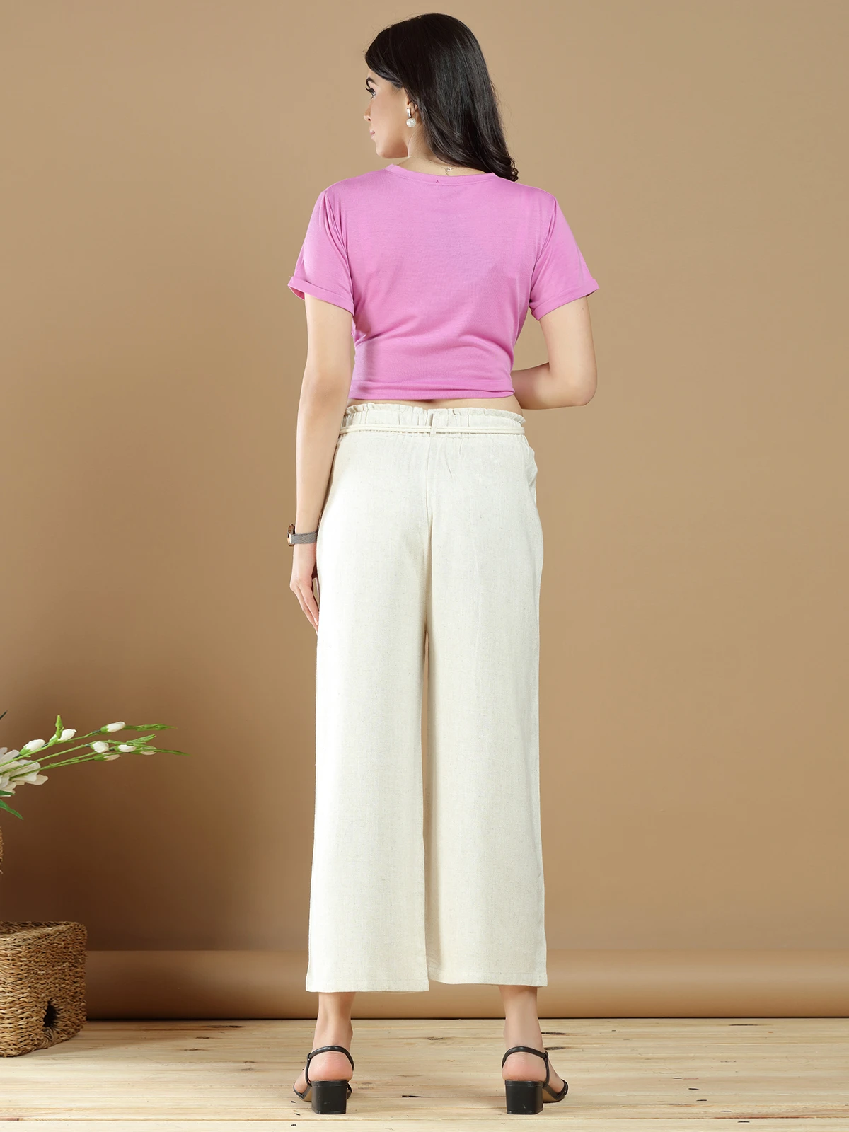 Cream Palazzo Pant In Linen For Casual Look 4 Cream Palazzo Pant In Linen For Casual Look - Image 4