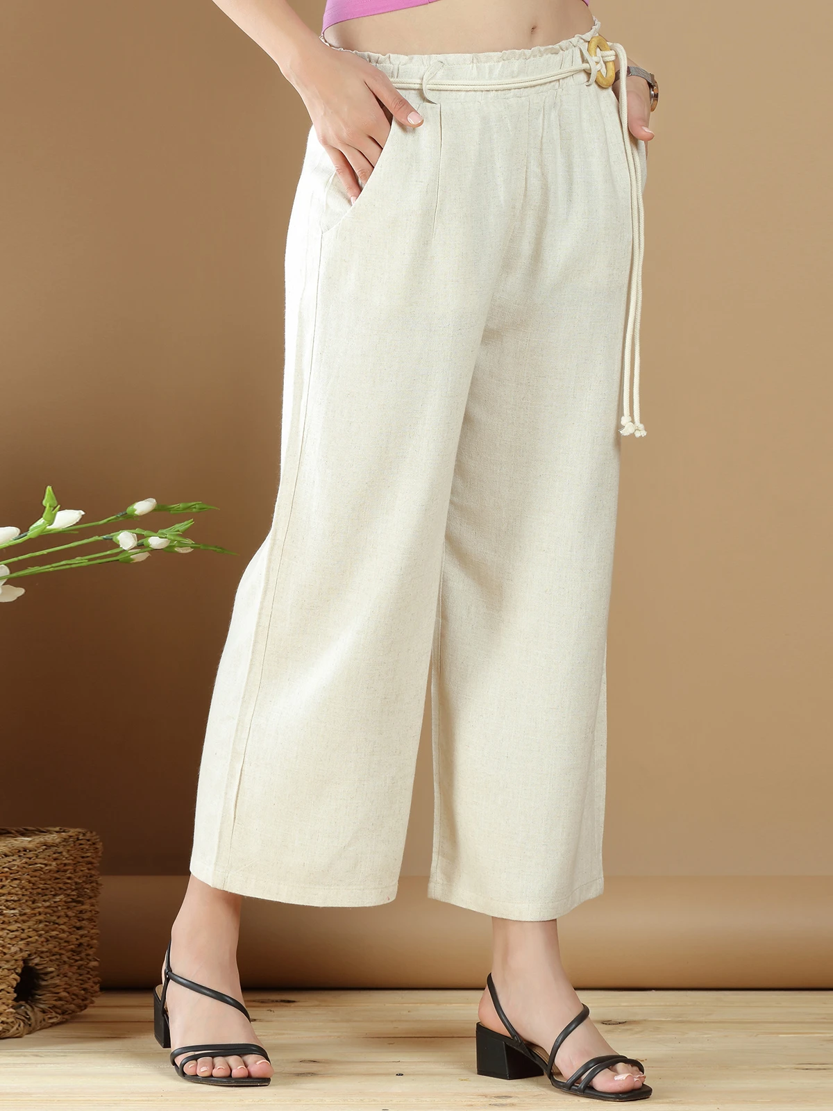 Cream Palazzo Pant In Linen For Casual Look 3 Cream Palazzo Pant In Linen For Casual Look - Image 3