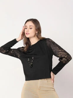 Deal Black Lycra Full Sleeve Casual Top
