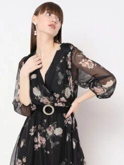 Deal Black Printed Soft Organza Dress