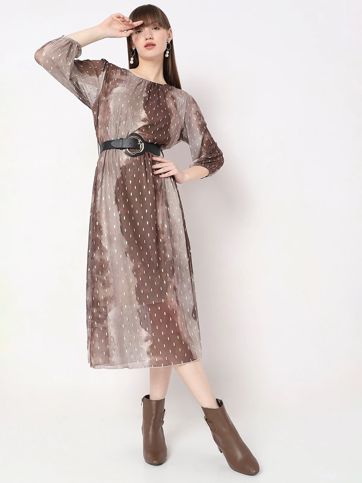 Deal Brown And Beige Printed Lycra Dress 2 Deal Brown And Beige Printed Lycra Dress - Image 2