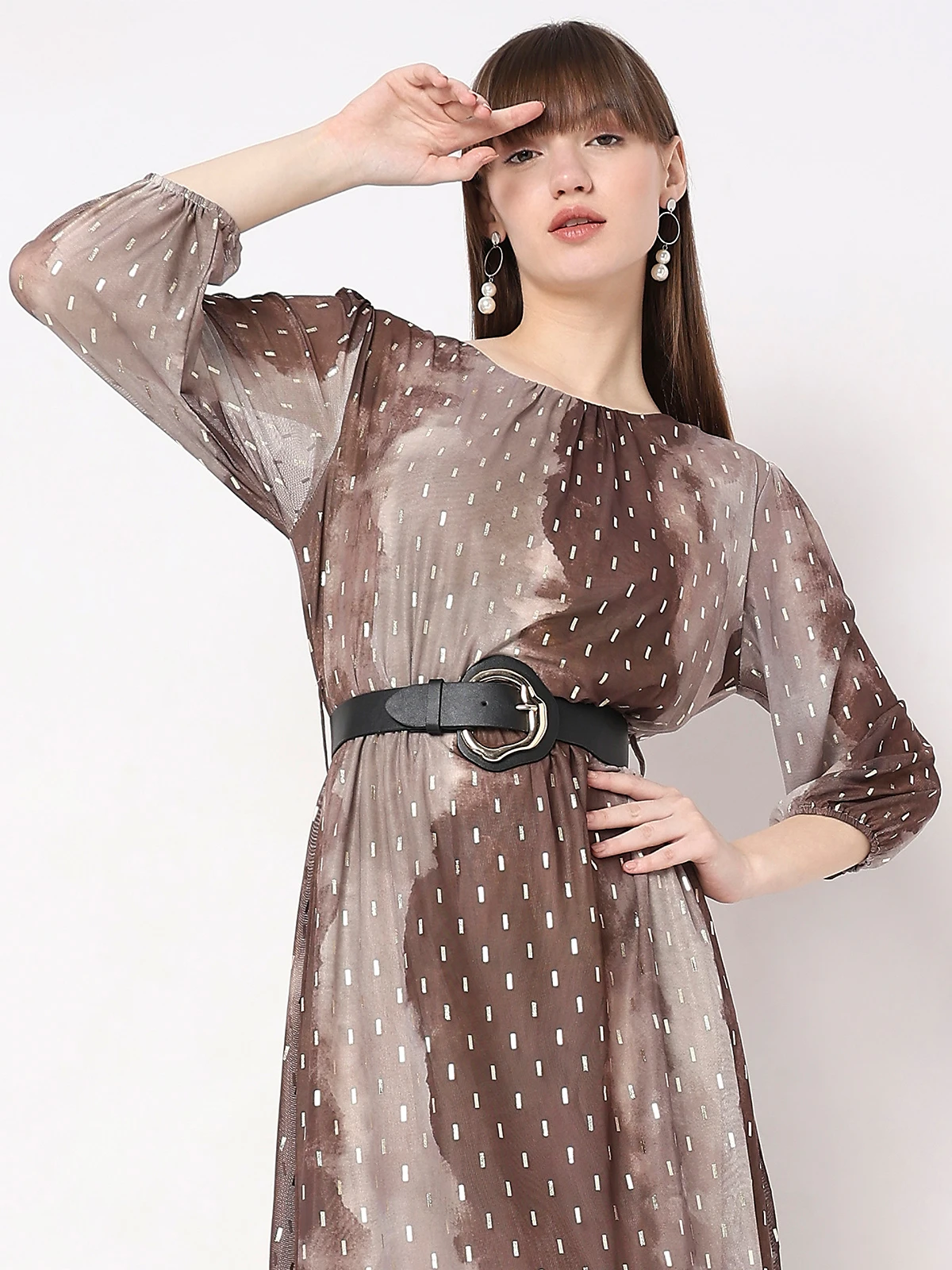 Deal Brown And Beige Printed Lycra Dress 1 Deal Brown And Beige Printed Lycra Dress
