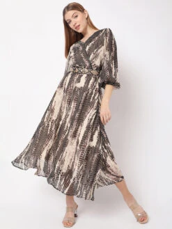 Deal Brown And White Georgette Printed Dress