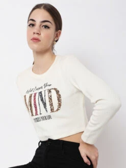 Deal Cream Knitted Printed Crop Top