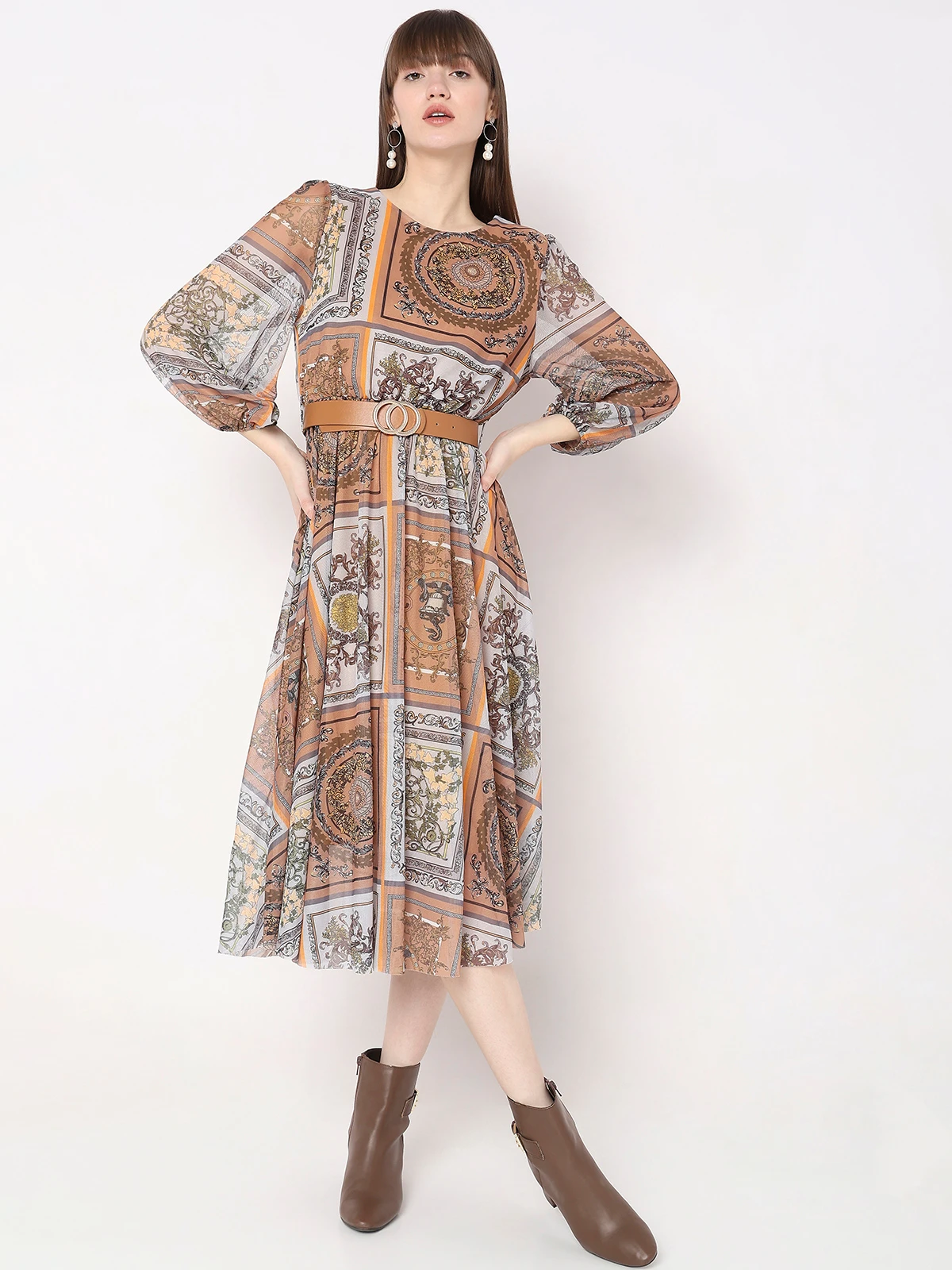 Deal Orange Printed Lycra Dress 2 Deal Orange Printed Lycra Dress - Image 2