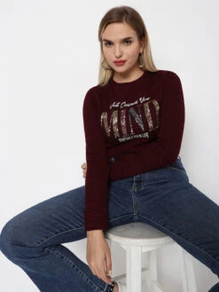 Deal Wine Knitted Full Sleeve Crop Top