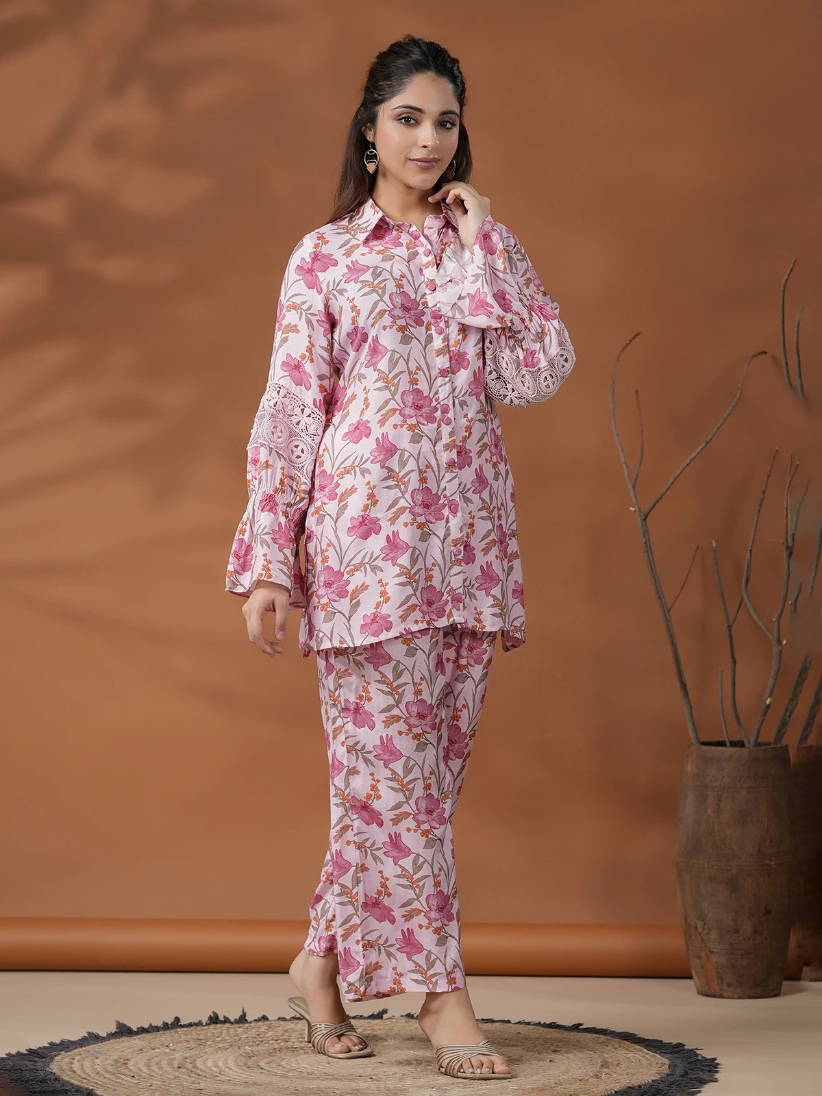 Floral Printed Light Pink Silk Co Ord Set