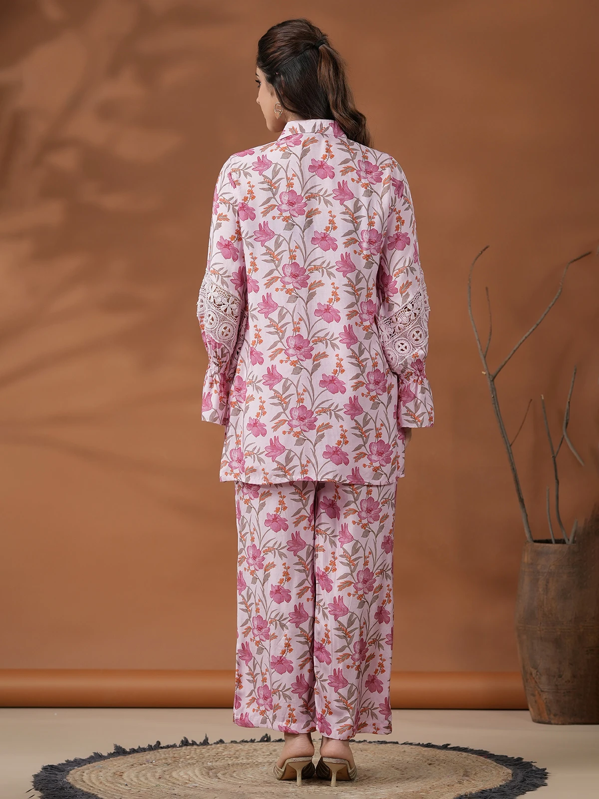 Floral Printed Light Pink Silk Co Ord Set - Image 5