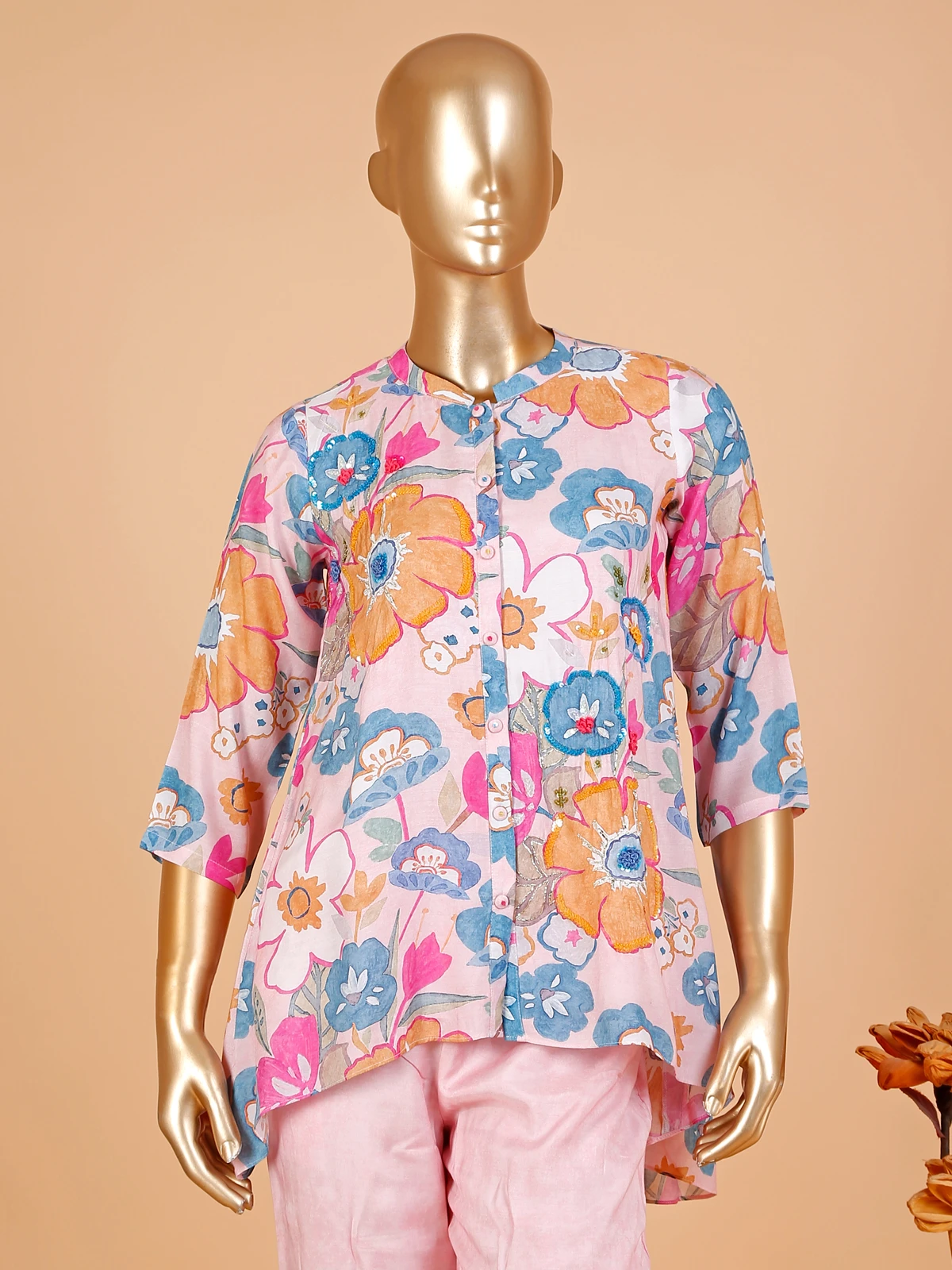 Floral Printed Pink Silk Co Ord Set