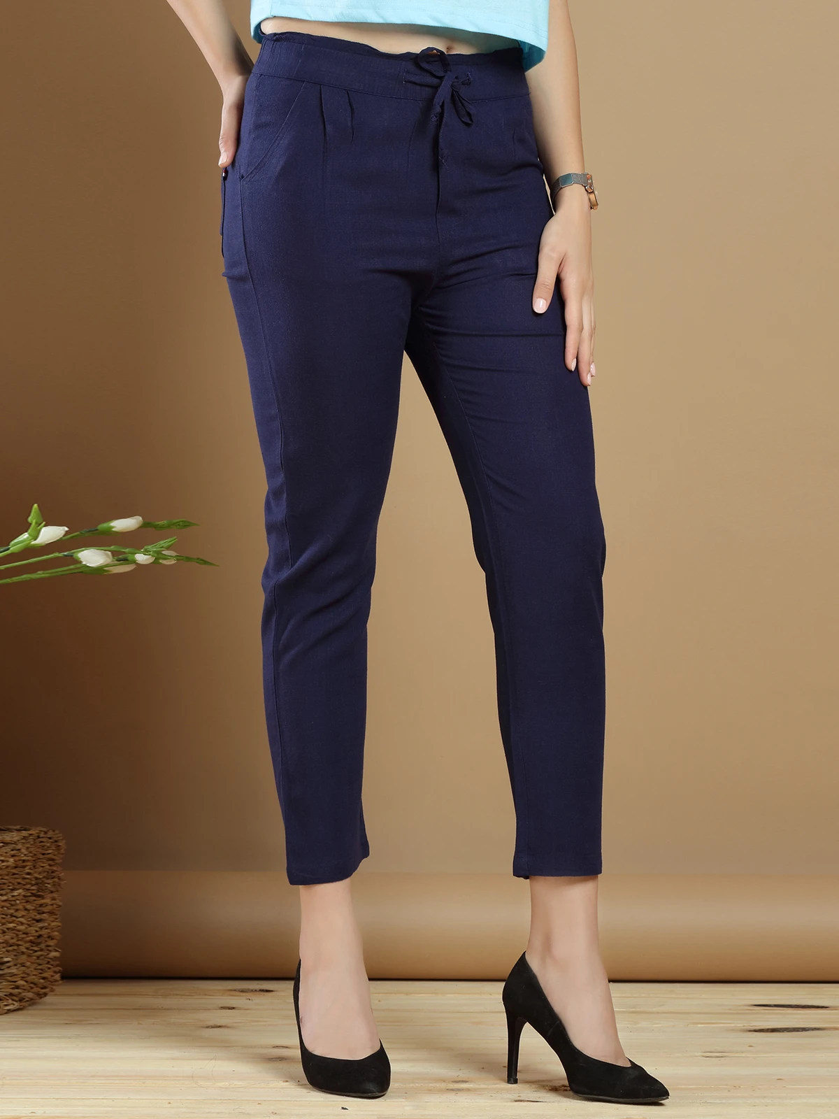 Ink Blue Linen Plain Pant For Beautiful Lady 1 Ink Blue Linen Plain Pant For Beautiful Lady