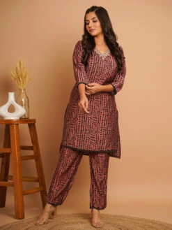 Latest Brown Printed Silk Co Ord Set -Saree Luxe Shop latest brown printed silk co ord set 1696742449as2805159 1