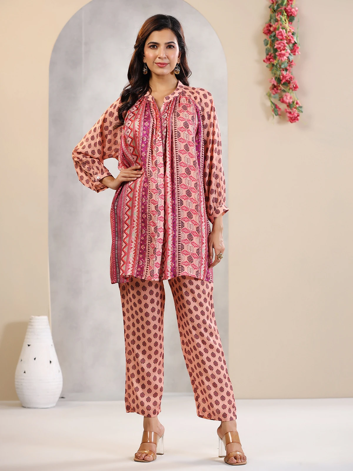 Latest Peach Printed Co Ord Set In Silk - Image 5