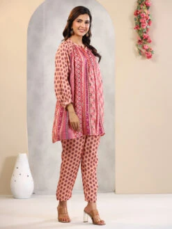 Latest Peach Printed Co Ord Set In Silk -Saree Luxe Shop latest peach printed co ord set in silk 1688104563as2700253 3