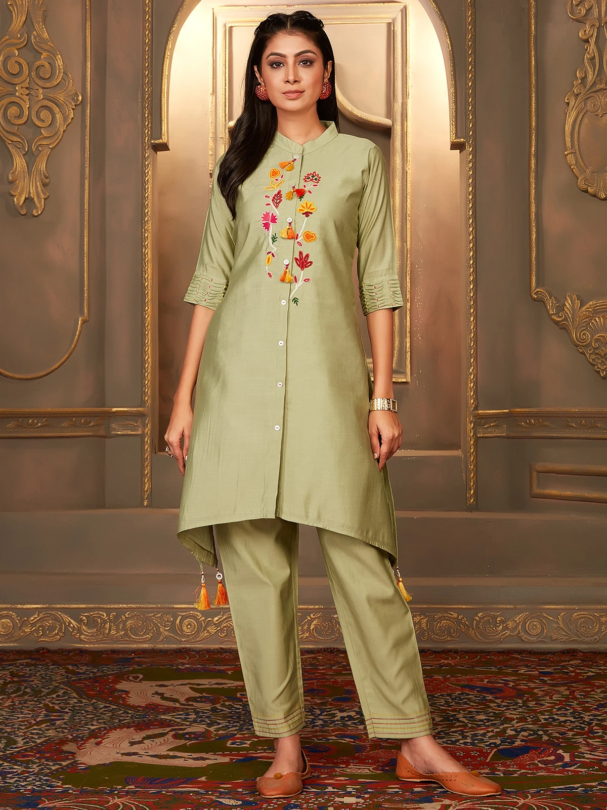 Latest Sage Green Modal Silk Co Ord Set - Image 2