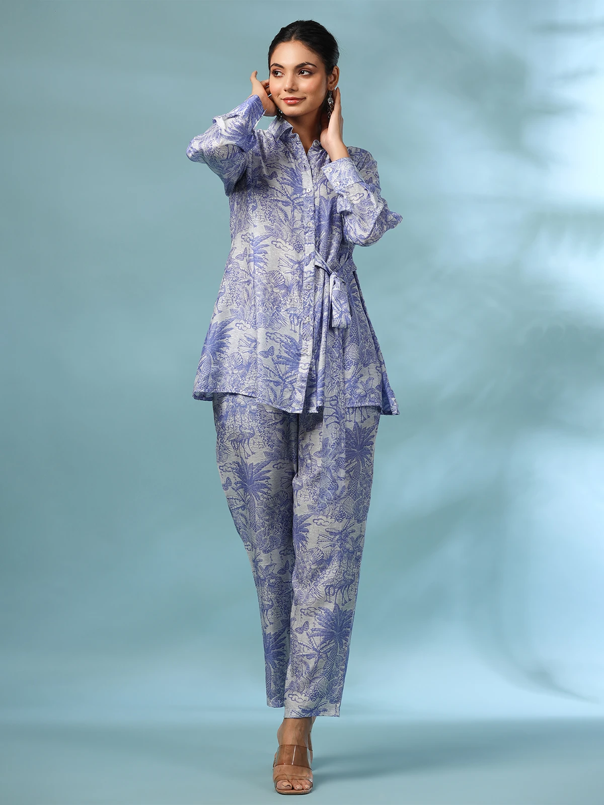 Light Blue Crepe Printed Co Ord Set For Casual 3 Light Blue Crepe Printed Co Ord Set For Casual - Image 3
