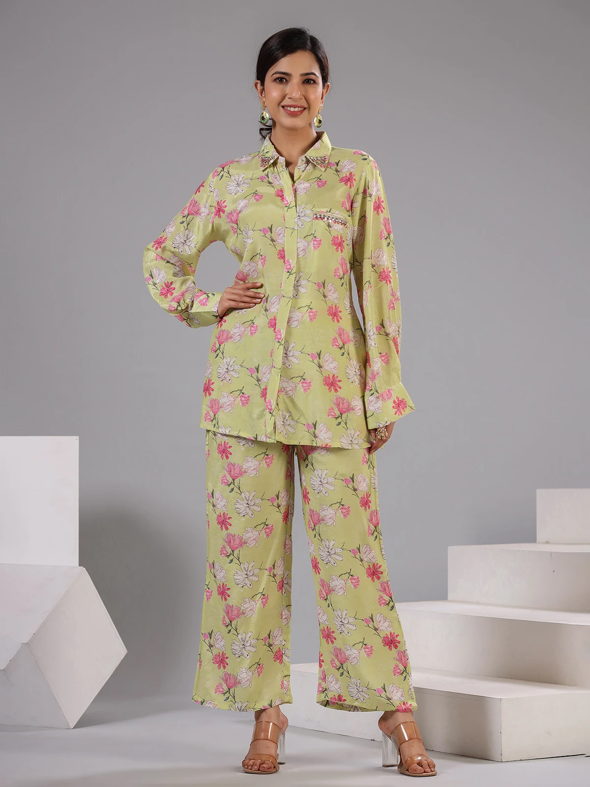 Light Green Floral Printed Co Ord Set 4 Light Green Floral Printed Co Ord Set - Image 4