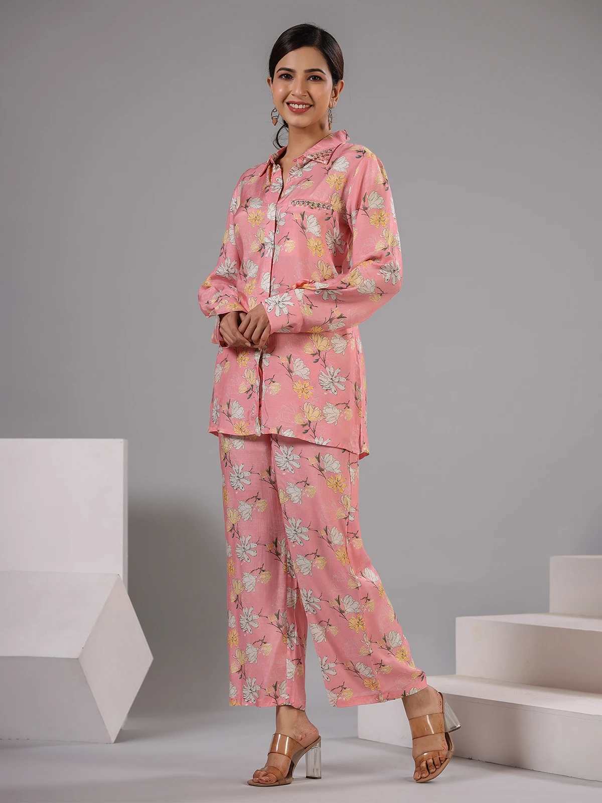 Light Pink Silk Floral Printed Co Ord Set 4 Light Pink Silk Floral Printed Co Ord Set - Image 4