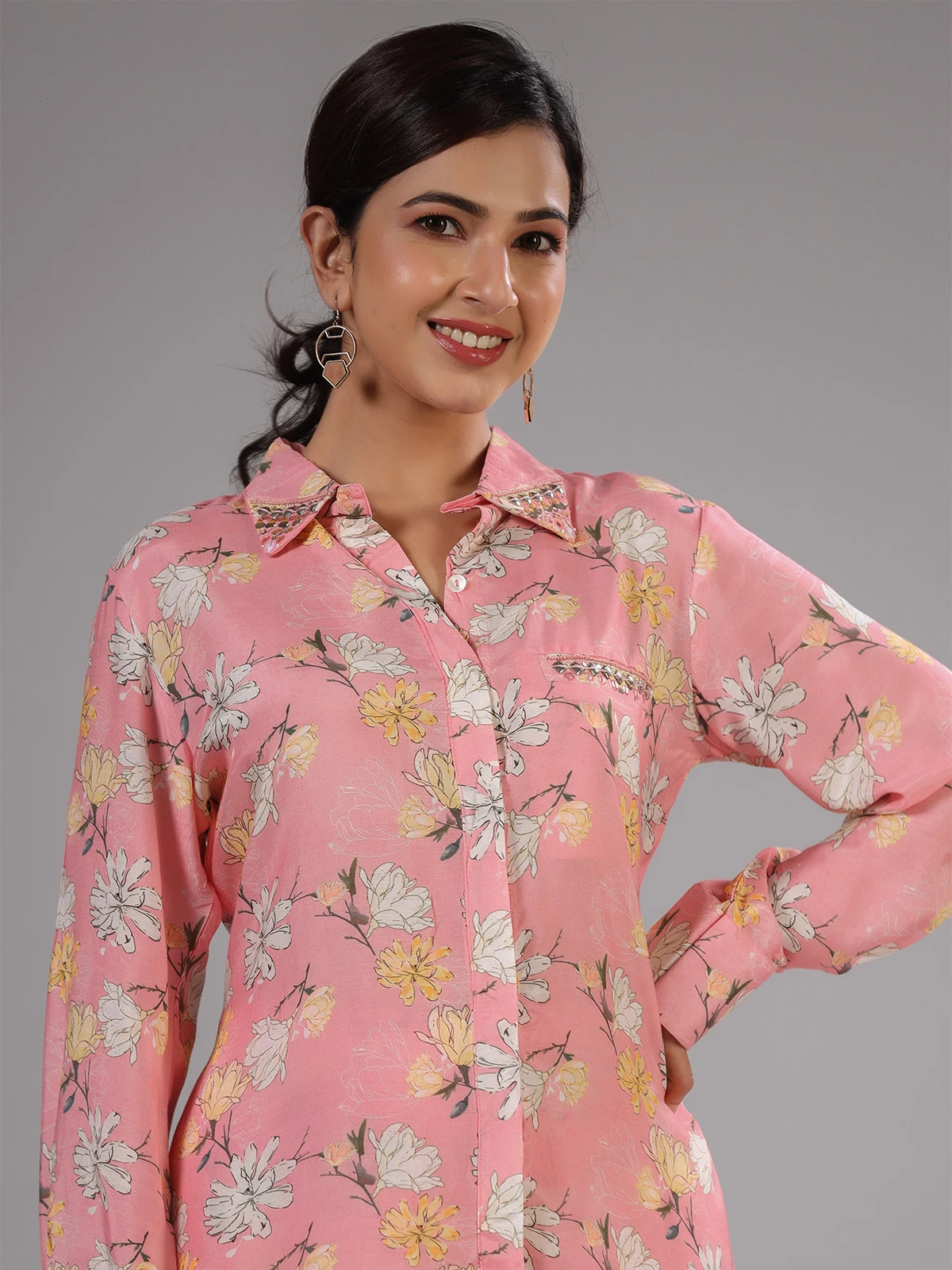 Light Pink Silk Floral Printed Co Ord Set 1 Light Pink Silk Floral Printed Co Ord Set