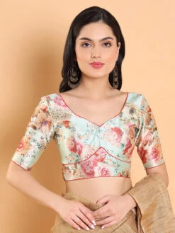 Mint Green Silk Floral Printed Blouse