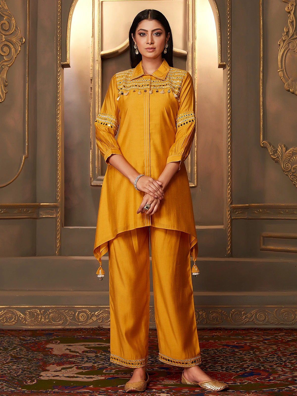 Mustard Yellow Modal Silk Co Ord Set 1 Mustard Yellow Modal Silk Co Ord Set