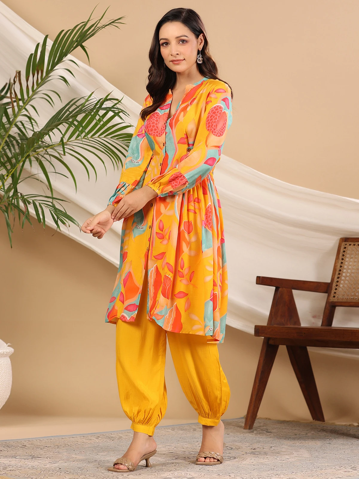 Mustard Yellow Printed Silk Co Ord Set 4 Mustard Yellow Printed Silk Co Ord Set - Image 4