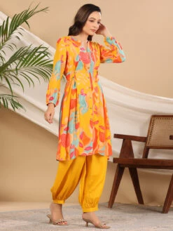 Mustard Yellow Printed Silk Co Ord Set