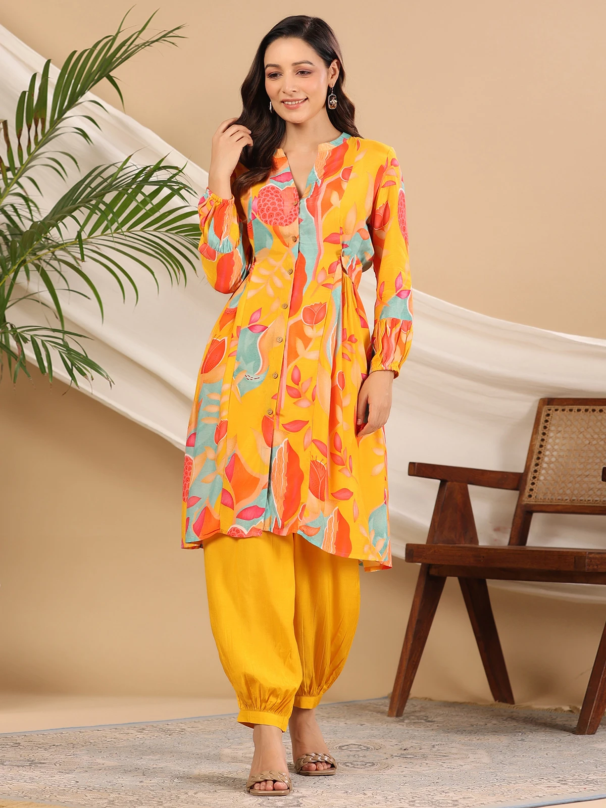 Mustard Yellow Printed Silk Co Ord Set 3 Mustard Yellow Printed Silk Co Ord Set - Image 3