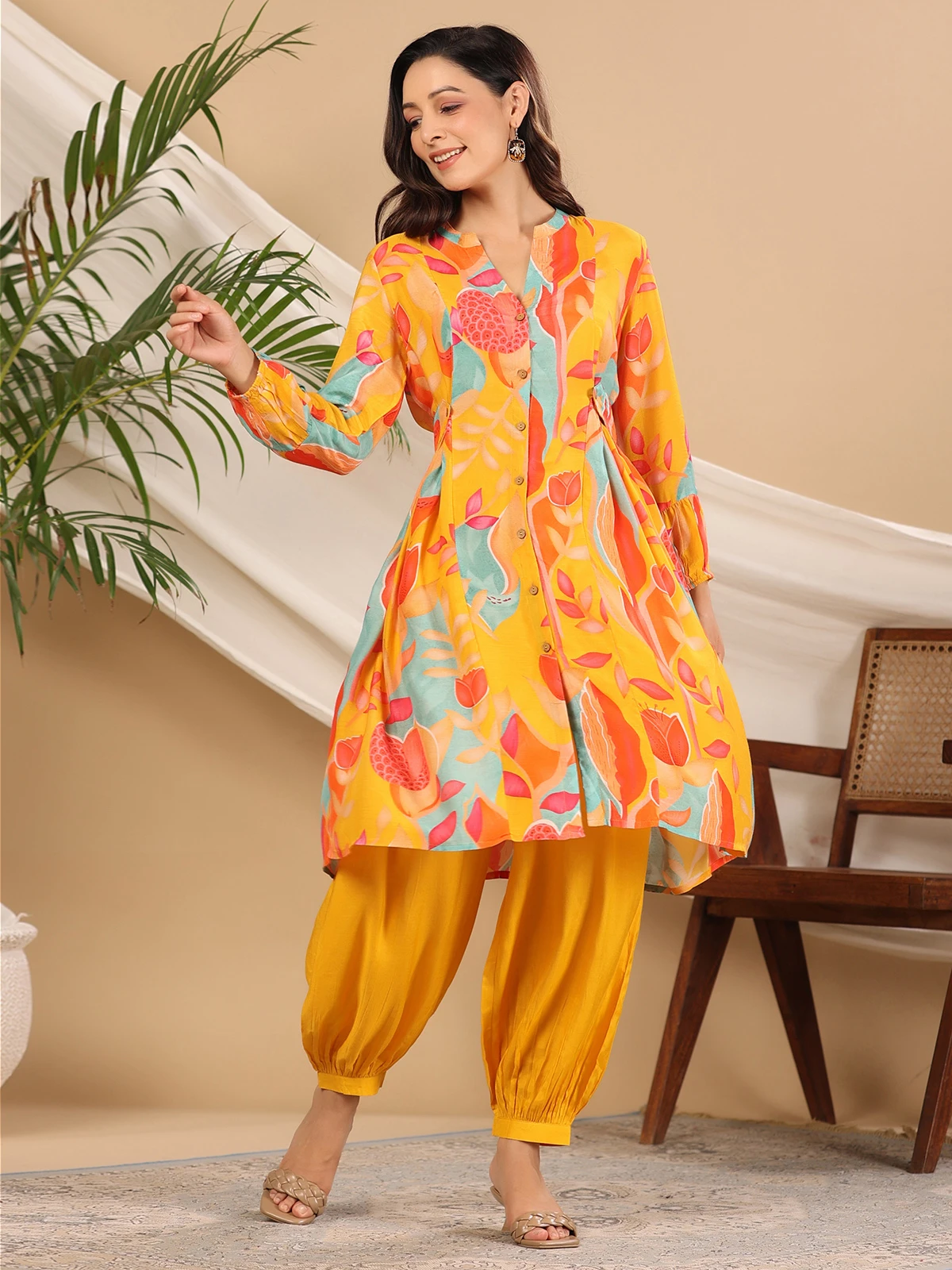 Mustard Yellow Printed Silk Co Ord Set 5 Mustard Yellow Printed Silk Co Ord Set - Image 5