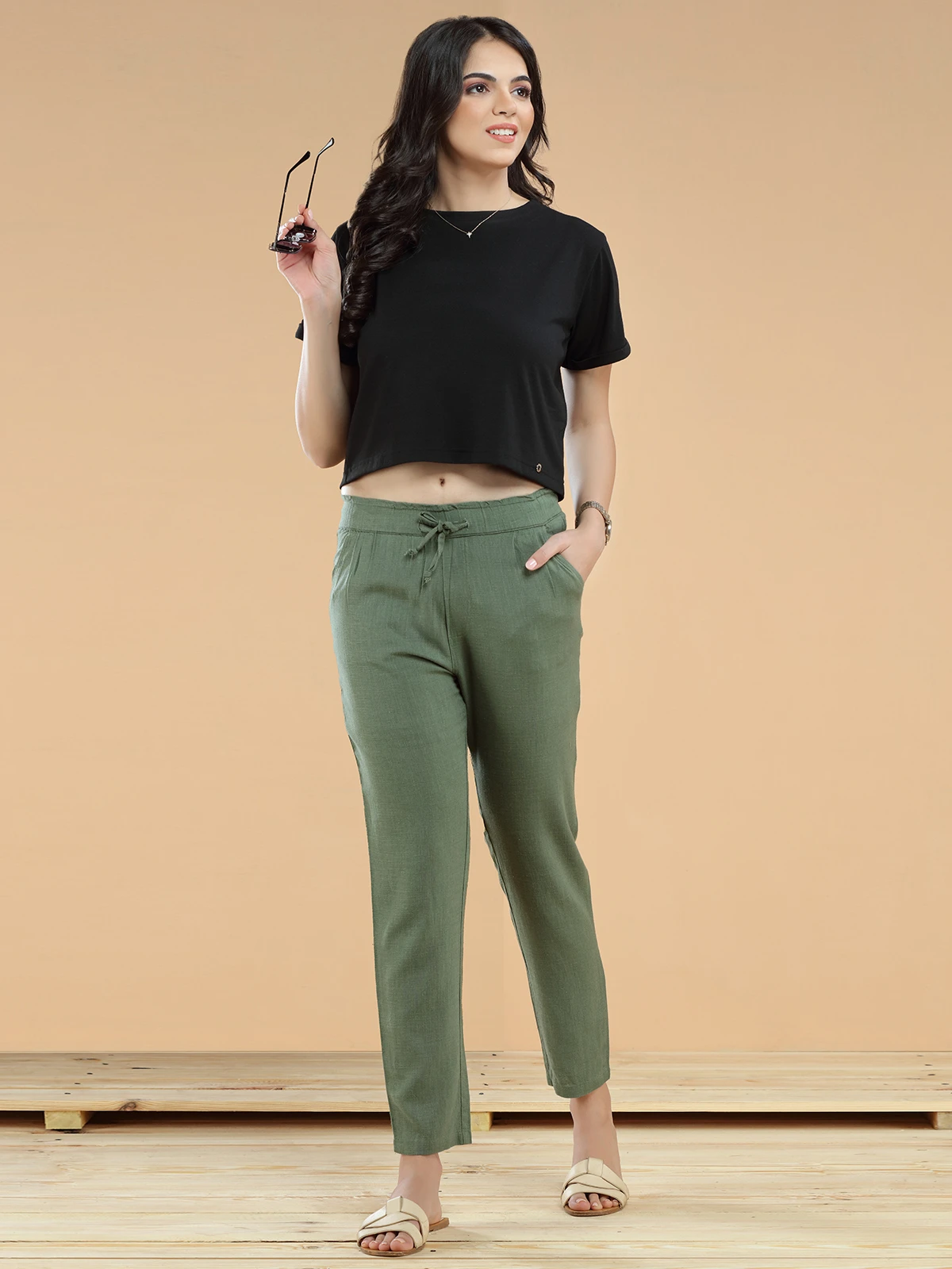 Olive Plain Linen Pant For Casual - Image 3